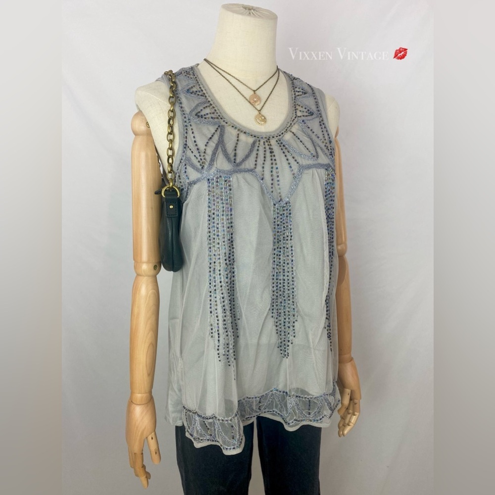 HOPELESS ROMANTIC BEADED MESH LAYERED SLEEVELESS SWING TOP DUO IN COOL GRAY